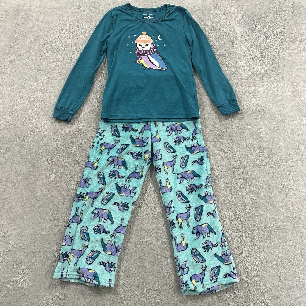 Eddie Bauer Set of 2 Pajama Shirt Pants Girls Kids M (10/12) Blue Owl Lounge